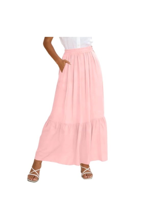 Womens Maxi Skirt Boho Summer Long Skirts Flowy High Waist Tiered Casual Beach Dress with Pockets Pink,S