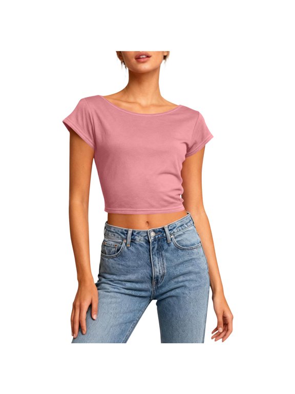 Womens Open Back Tops for Women Trendy Backless Shirt Short Sleeve Slim Fit Going Out Top Y2k Basic Clothes Pink M