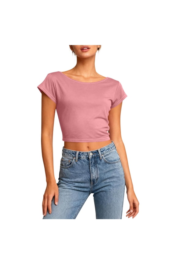 Womens Open Back Tops for Women Trendy Backless Shirt Short Sleeve Slim Fit Going Out Top Y2k Basic Clothes Pink M