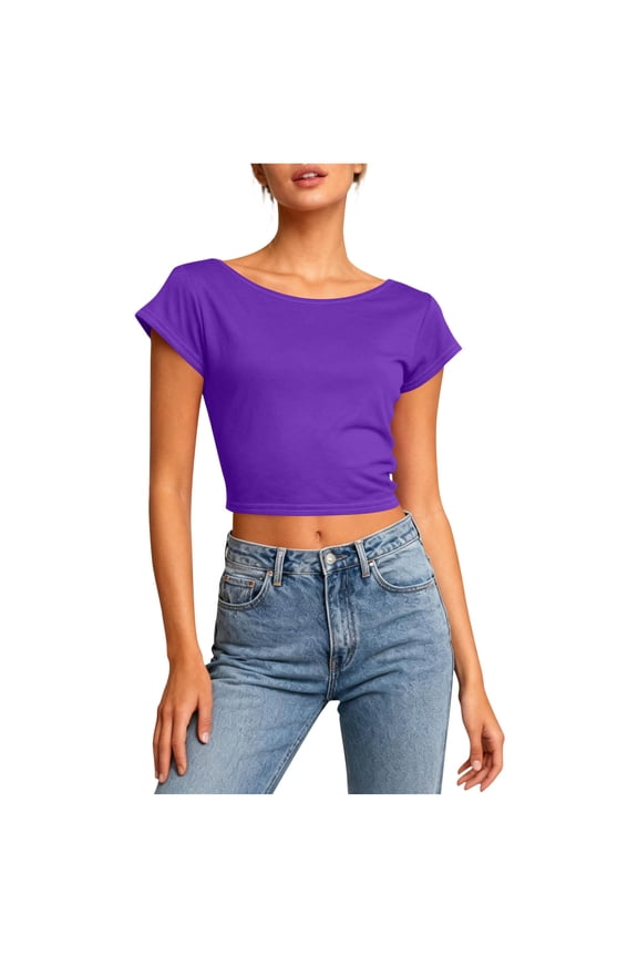 Womens Open Back Tops for Women Trendy Backless Shirt Short Sleeve Slim Fit Going Out Top Y2k Basic Clothes Purple S