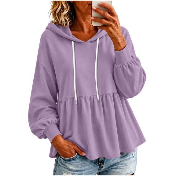 Hurxie Womens Oversized Hoodies Sweatshirts Casual Lantern Long Sleeve Drawstring Peplum Hem Loose Hooded Pullover Tops