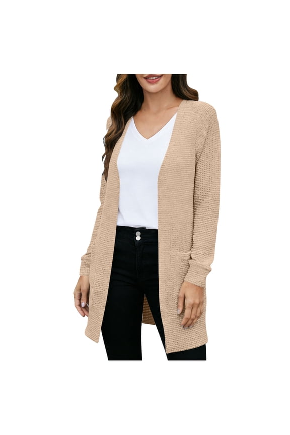 Womens Oversized Long Cardigan Sweater Fall Trendy Chunky Waffle Knit Open Front Dressy Cardigans Khaki 2XL