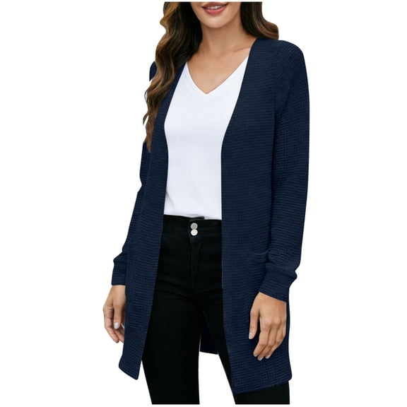 Hurxie Womens Oversized Long Cardigan Sweater Fall Trendy Chunky Waffle Knit Open Front Dressy Cardigans Navy L
