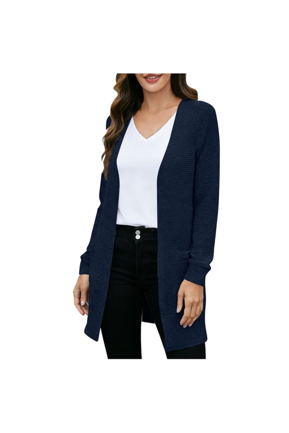 Womens Oversized Long Cardigan Sweater Fall Trendy Chunky Waffle Knit Open Front Dressy Cardigans Navy S