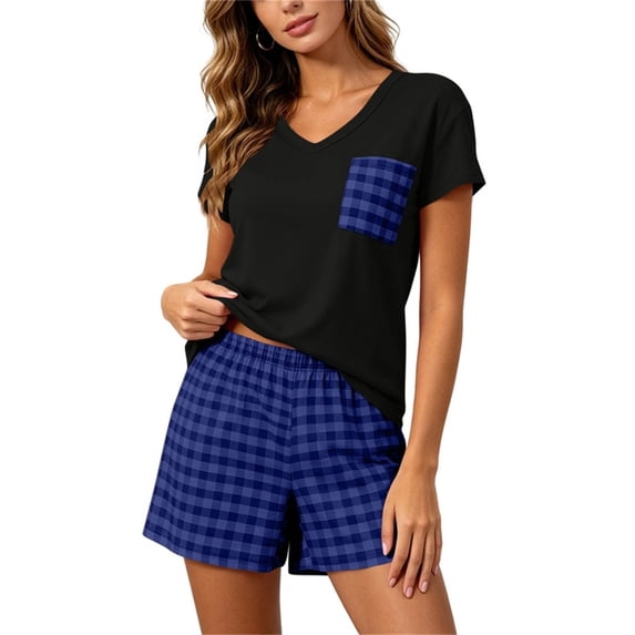 Hurxie Womens Pajama Sets Short Sleeve V Neck Top and Plaid Shorts Lounge Sets Casual Pjs Soft Sleepwear Blue,M
