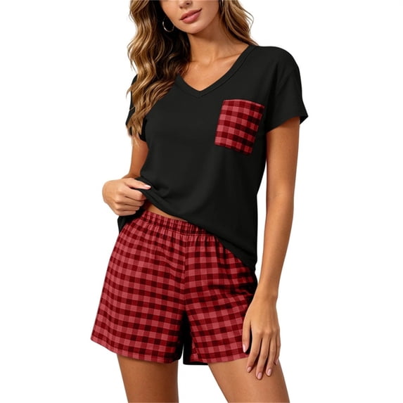Hurxie Womens Pajama Sets Short Sleeve V Neck Top and Plaid Shorts Lounge Sets Casual Pjs Soft Sleepwear Wine,L