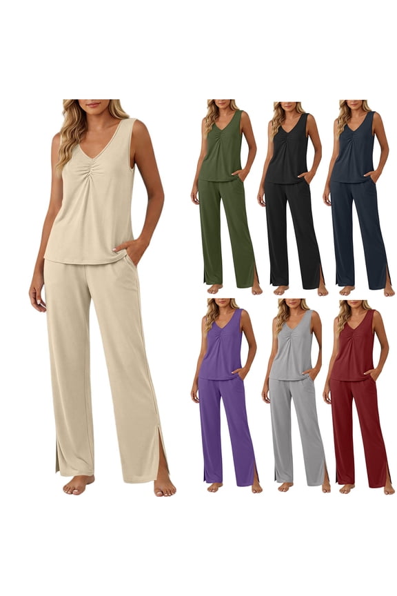 Womens Pajamas Set Sleeveless Lounge Sets Comfy Tank Top and Pants Pjs Set V Neck 2 Piece Sleepwear Wine,S