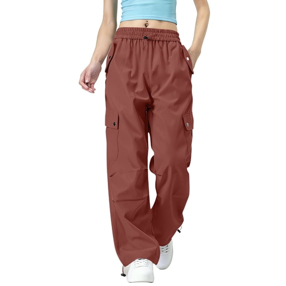 Hurxie Womens Parachute Cargo Pants with Pocket Quick Dry Elastic High Waist Baggy Hiking Pants Wine,XL