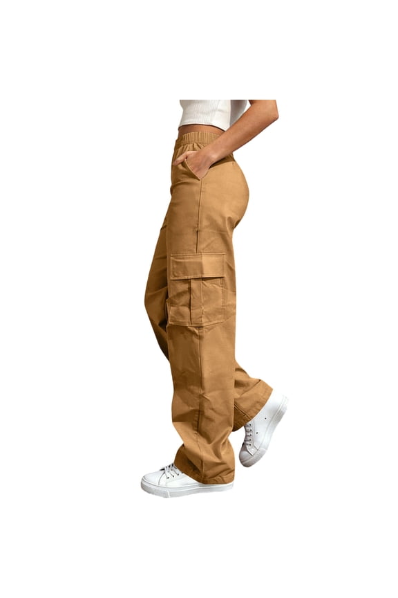 Womens Parachute Cargo Pants with Pockets High Waisted Baggy Y2K Casual Drawstring Pants Coffee,S