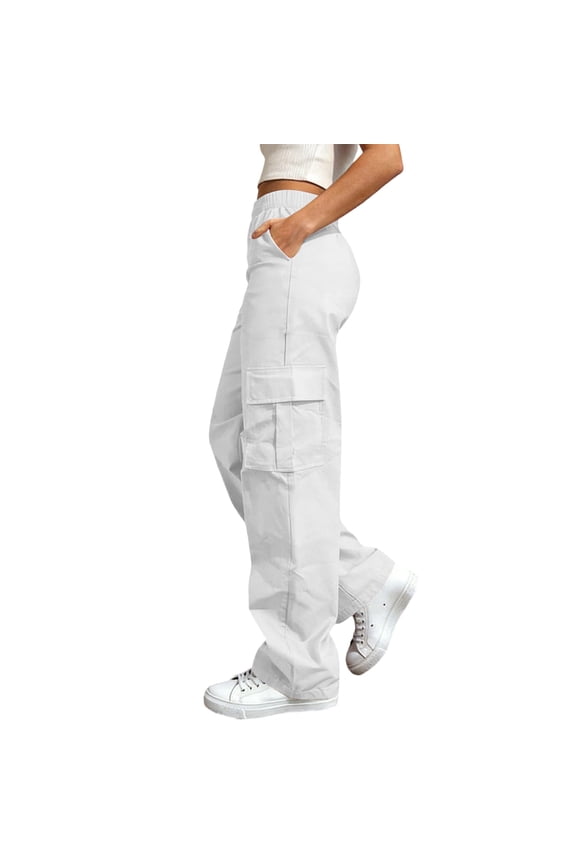 Womens Parachute Cargo Pants with Pockets High Waisted Baggy Y2K Casual Drawstring Pants White,S