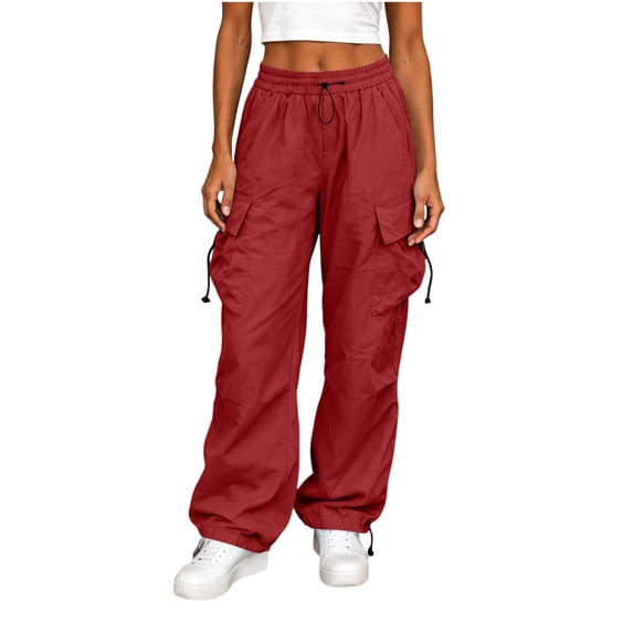Hurxie Womens Parachute Pants Girls Wide Leg Cargo Pants Y2K Street Trousers with Pockets