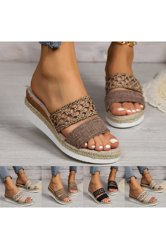 Womens Platform Sandals Raffia Espadrilles Knit Chain Slip on Open Toe Cute Beach Slide Sandals Brown 36