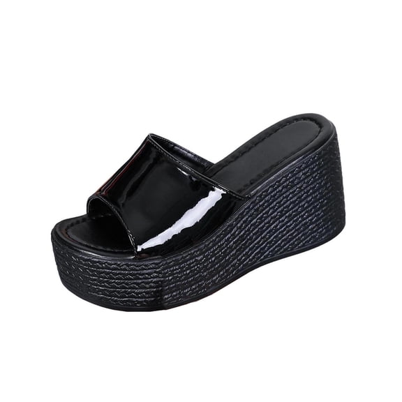 Hurxie Womens Platform Slides Sandals Square Open Toe Slip On Elastic Band Casual Lightweight Wedge Shoes Black 37