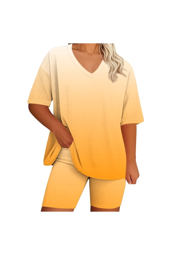 Womens Plus Size 2 Piece Shorts Set Summer Short Sleeve Color Block Shirts and Skort Casual Matching Sets Yellow,2XL