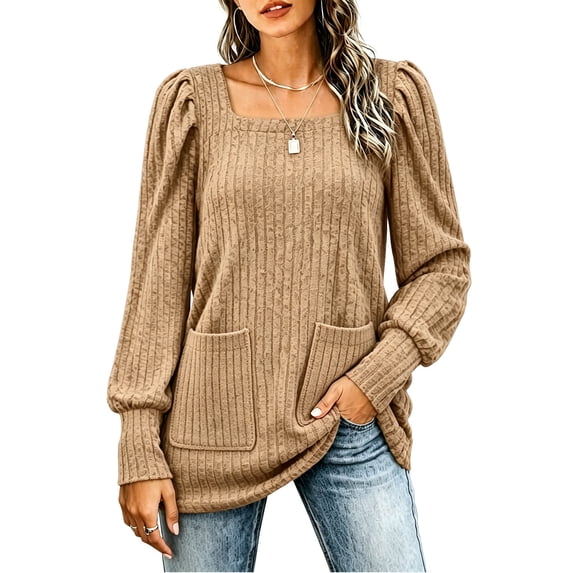 Hurxie Womens Plus Size Long Sleeve Tops Cute Square Neck Lightweight Sweaters Casual Loose Fit Shirts Trendy Blouses Tunics