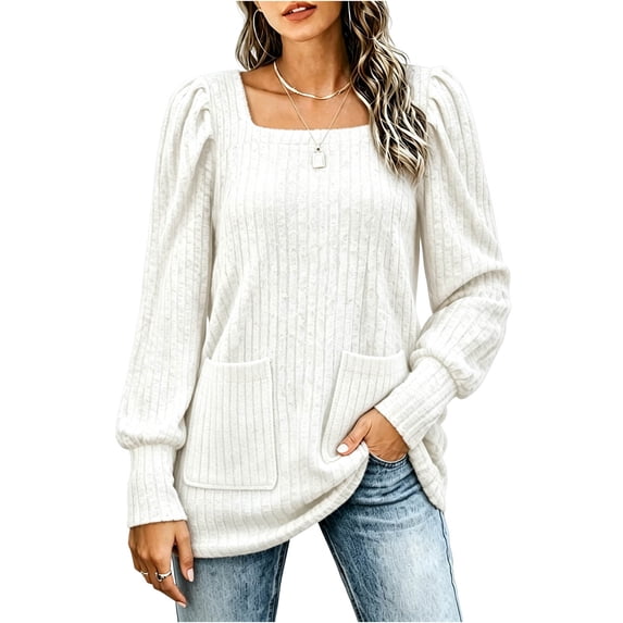 Hurxie Womens Plus Size Long Sleeve Tops Cute Square Neck Lightweight Sweaters Casual Loose Fit Shirts Trendy Blouses Tunics