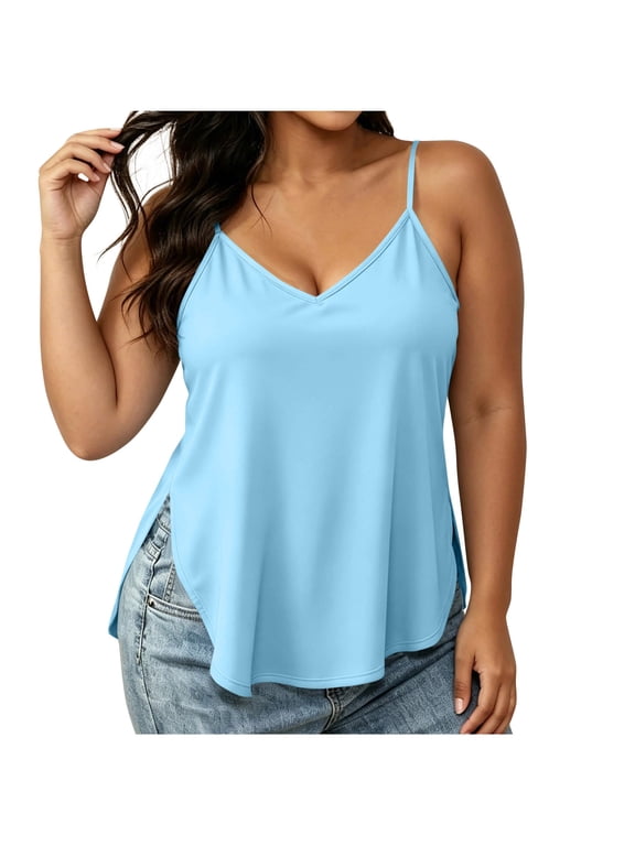 Womens Plus Size Tank Tops V Neck Camisole Spaghetti Strap Top Summer Basic Blouse Light Blue,L