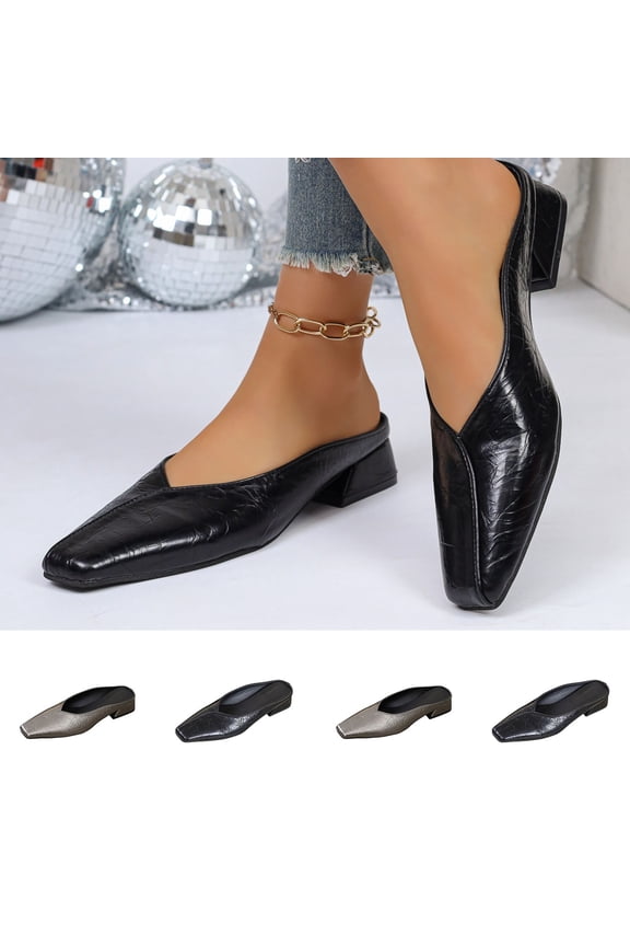 Womens Pointed Toe V Cut Mules Chunky Block Heels Slip On Clogs Fashion Office Slides Shoes Rose Gold 37