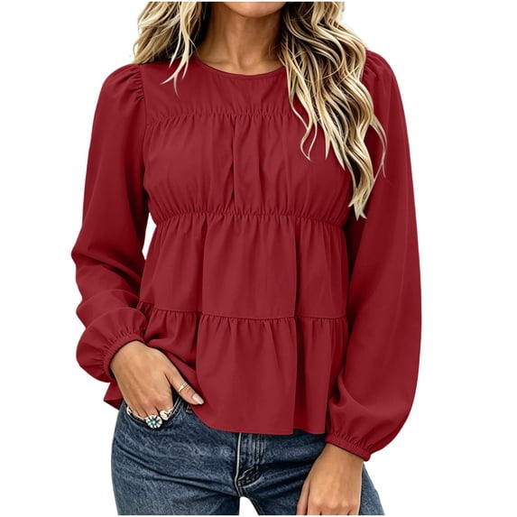 Hurxie Womens Puff Long Sleeve Babydoll Tops Summer Peplum Pleated T Shirts Casual Loose Fit Flowy Blouses Red,2XL