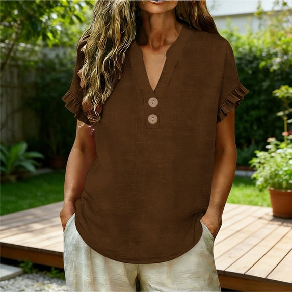 Hurxie Womens Puff Short Sleeve Sweater Tops Ruffle Henley Neck Spring Summer Pullover Dressy Casual Knit Shirts Brown,2XL