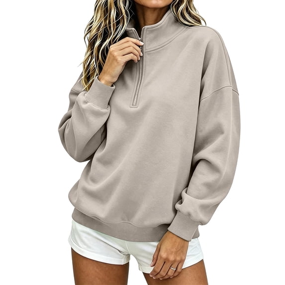 Hurxie Womens Quarter Zip Pullover Casual Shirts Half Zip Sweatshirts 1/4 Zip Pullover Women Pullover Sweatshirts Beige,L