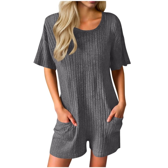 Hurxie Womens Rompers Casual Ribbed Short Sleeve T-Shirt Tee Romper Summer Outfits with Pockets Gray,XL