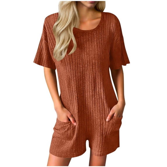 Hurxie Womens Rompers Casual Ribbed Short Sleeve T-Shirt Tee Romper Summer Outfits with Pockets Orange,XL