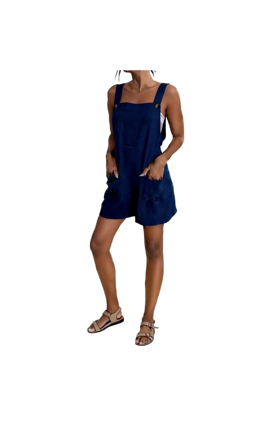 Womens Rompers for Summer Casual Sleeveless Bib Short Overalls Loose Adjustable Jumpsuit with Pockets Blue,S