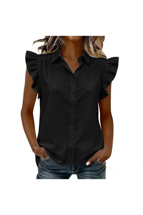 Womens Ruffle Cap Sleeve Button Down Shirts Summer Dressy Casual Blouses Loose Fit Cute Tops Black,M