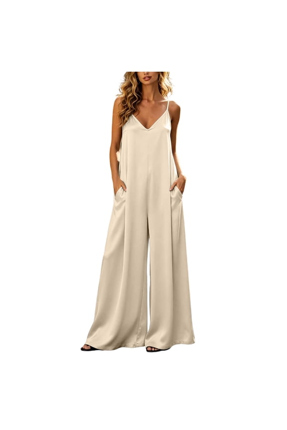 Womens Satin Wide Leg Jumpsuits Dressy Casual Flowy Spaghetti Night Rompers One Piece Outfits Khaki,S