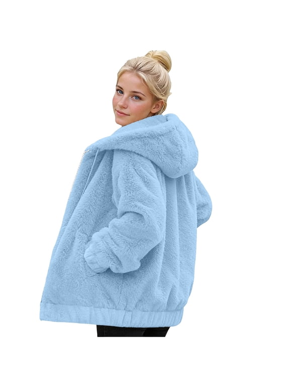 Womens Sherpa Jacket Oversized Fleece Jackets Fuzzy Zip Up Hoodie Lined Jackets, Zipper Fluffy Sweater Coat, Warm Outwear, Soft Hooded sweatshirts with Pockets