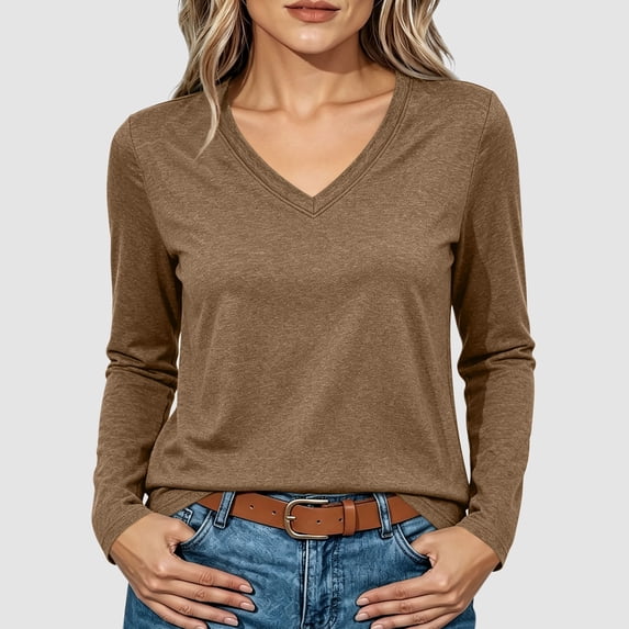Hurxie Womens Shirts Long Sleeve Tops V Neck Casual Basic Tee Fall Outfits Breathable Comfort Fabric, Versatile Solid Top Brown,XL