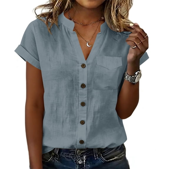 Hurxie Womens Short Sleeve Shirts V Neck Collared Button Down Shirt Tops with Pockets Gray,XL