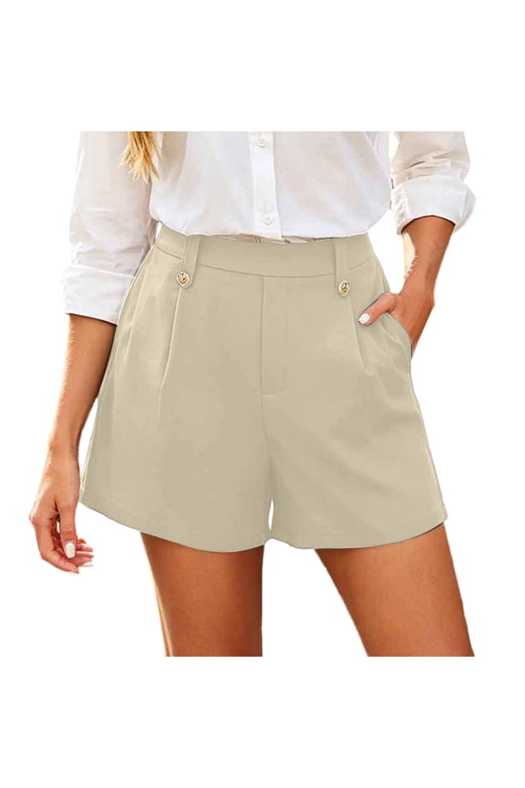 Womens Shorts Dressy Casual Trendy Summer Elastic High Waisted Pleated Business Work Shorts Pockets Khaki,S