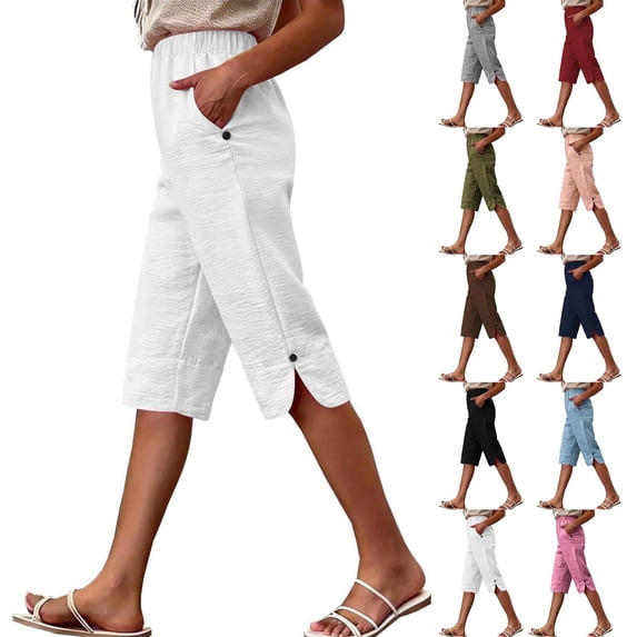 Hurxie Womens Shorts Lightweight Elastic Waist Drawstring Bermuda Short Knee Length Casual Capri Pants with Pockets White,S