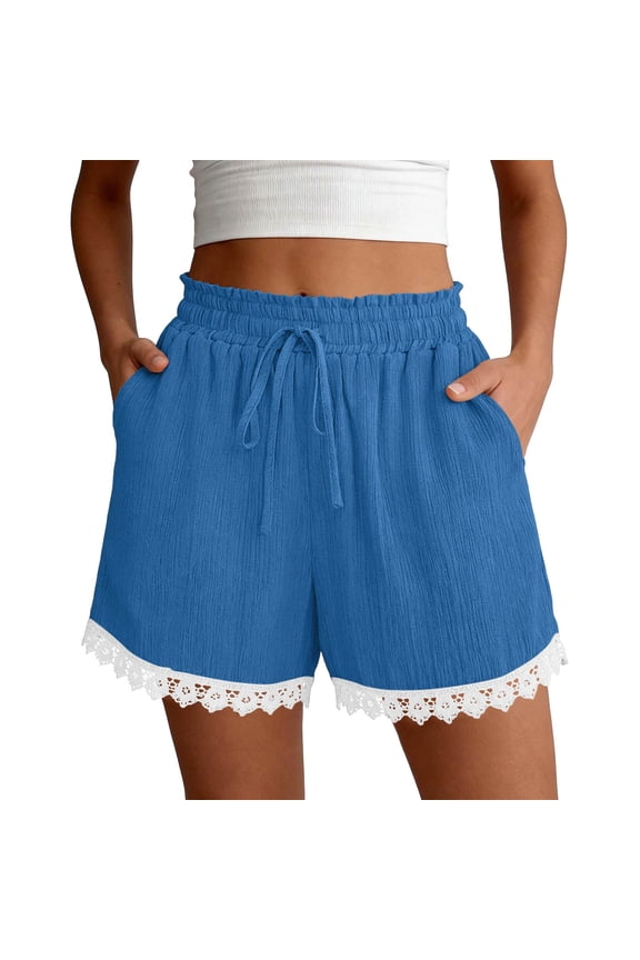 Womens Shorts Summer Casual Loose Elastic Waist Drawstring Boho Beach Cover Up Shorts Blue,S