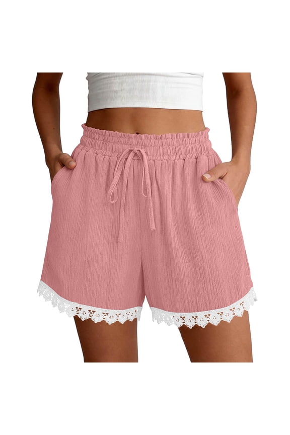 Womens Shorts Summer Casual Loose Elastic Waist Drawstring Boho Beach Cover Up Shorts Pink,S