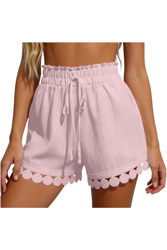 Womens Shorts Summer Casual Loose Elastic Waist Drawstring Lace Boho Beach Cover Up Shorts Pink,S