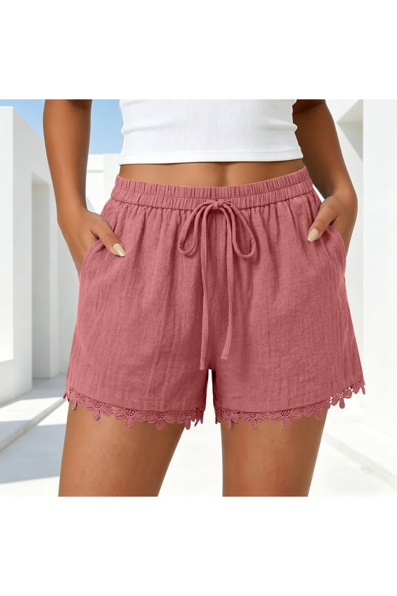 Womens Shorts Summer Casual Loose Elastic Waist Drawstring Lace Boho Beach Cover Up Shorts Pink,S