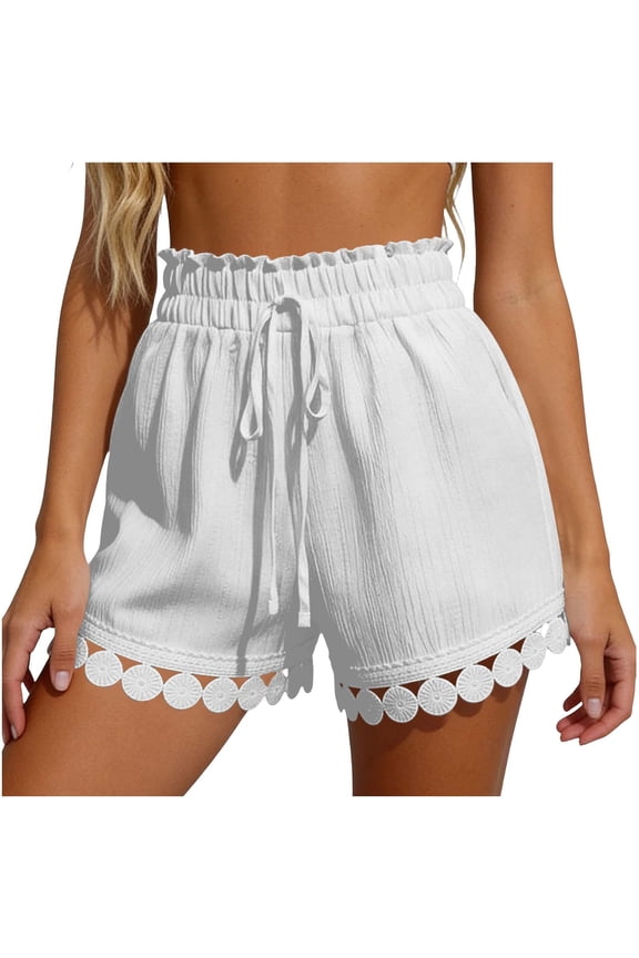 Womens Shorts Summer Casual Loose Elastic Waist Drawstring Lace Boho Beach Cover Up Shorts White,S