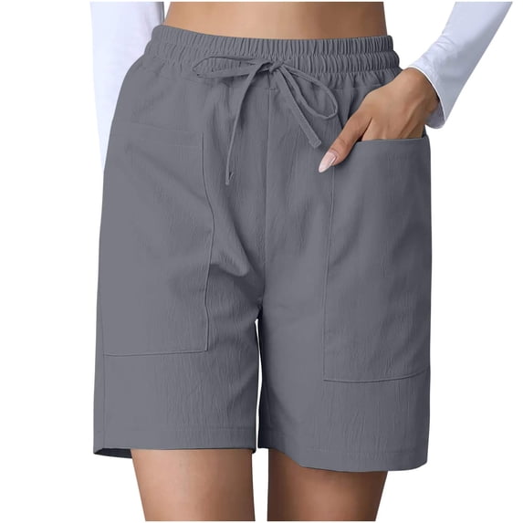 Hurxie Womens Shorts Summer Comfy Cotton Elastic Waist Drawstring Casual Shorts with Pockets Gray M