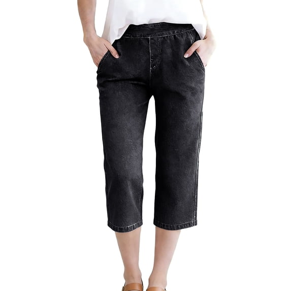 Hurxie Womens Shorts Summer Elastic Waist Drawstring Bermuda Short Knee Length Casual Capri Pants with Pockets Black,3XL