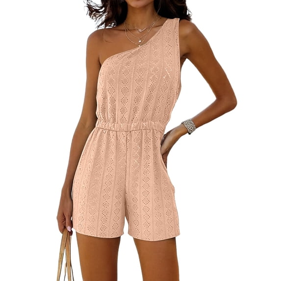Hurxie Womens Sleeveless Romper Eyelet Elastic Waist with Pockets Casual Short Pants Jumpsuit Summer Beach Vacation Outfit Beige,S