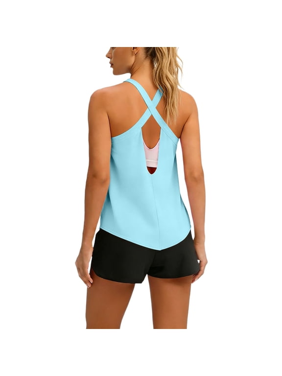 Womens Sleeveless Workout Tops Racerback Athletic Summer Tank Tops Gym Yoga Running Shirts Clothes Blue,L