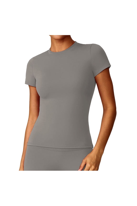 Womens Stretchy Ribbed High Neck Short Sleeve Gym Workout Slim Fitted Casual Full Length Top T-Shirt Gray M