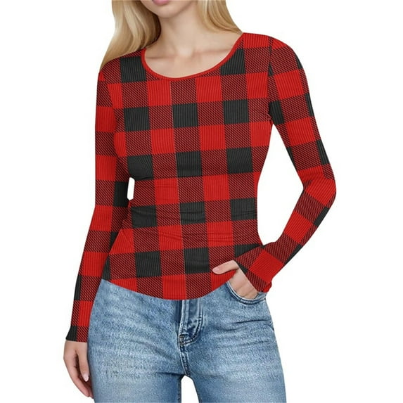 Hurxie Womens Striped Long Sleeve Shirts Fall Outfits Color Block Tops Fashion Clothing Crewneck Tee Blouses Red XL