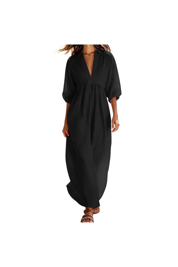 Womens Summer Cotton Flowy Maxi Dress Short Sleeve V Neck Empire Waist Boho Tiered Ruffle Casual Loose Long Dresses Black,M