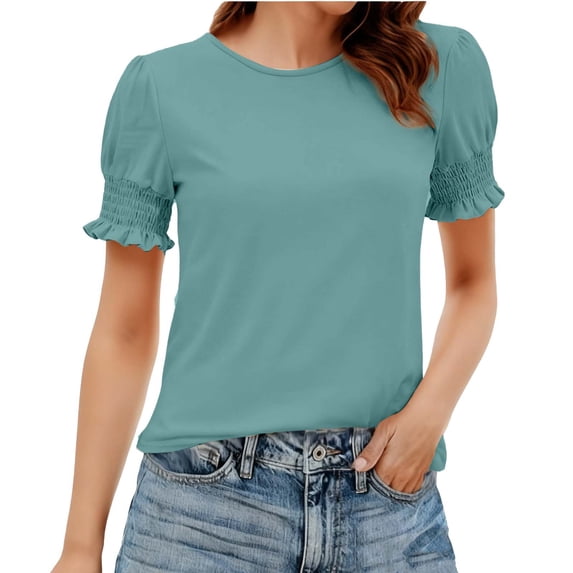 Hurxie Womens Summer Crew Neck T Shirts Trendy Ruffle Sleeve Slim Fit Knit Going Out Tops Casual Spring Clothes Green S