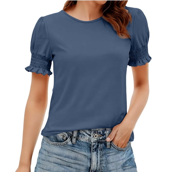 Hurxie Womens Summer Crew Neck T Shirts Trendy Ruffle Sleeve Slim Fit Knit Going Out Tops Casual Spring Clothes Navy M