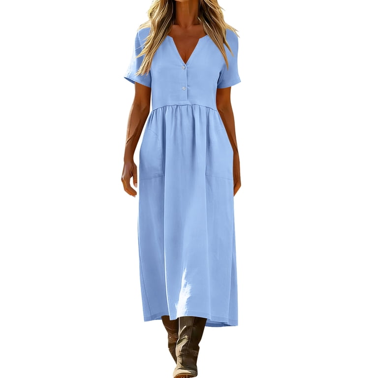Hurxie Womens Summer Dresses Casual Midi Short Sleeve Sundress V Neck Beach Vacation Button Dress with Pockets Blue,XL